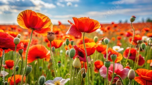 A vibrant field of red poppies bathed in sunlight, showcasing their delicate petals and the beauty of nature's vibrant colors.