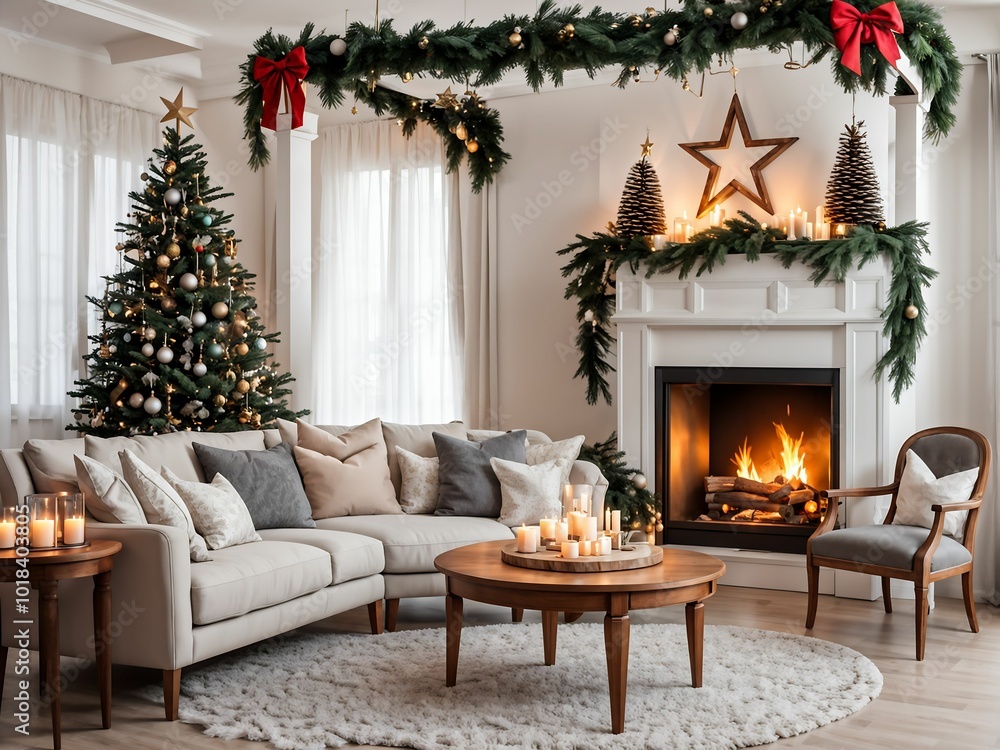 Christmas living room in style of an arbor with a christmas tree,fireplace, stars, sofa with pillows Christmas living room in style of an arbor with a christmas tree,fireplace, stars, sofa with pillows