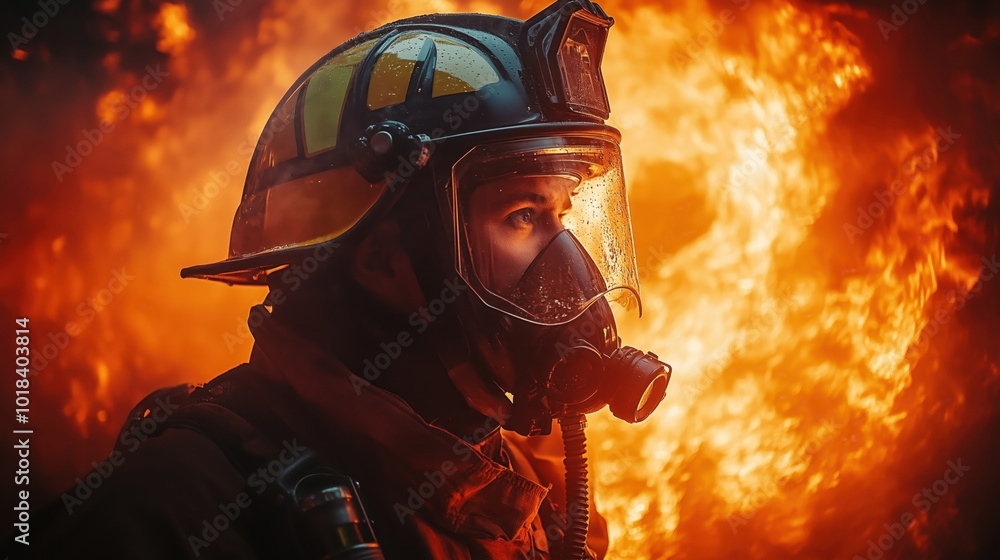 Firefighter in full gear battling intense flames, focus on safety and bravery. Firefighter in full gear battling intense flames, focus on safety and bravery.