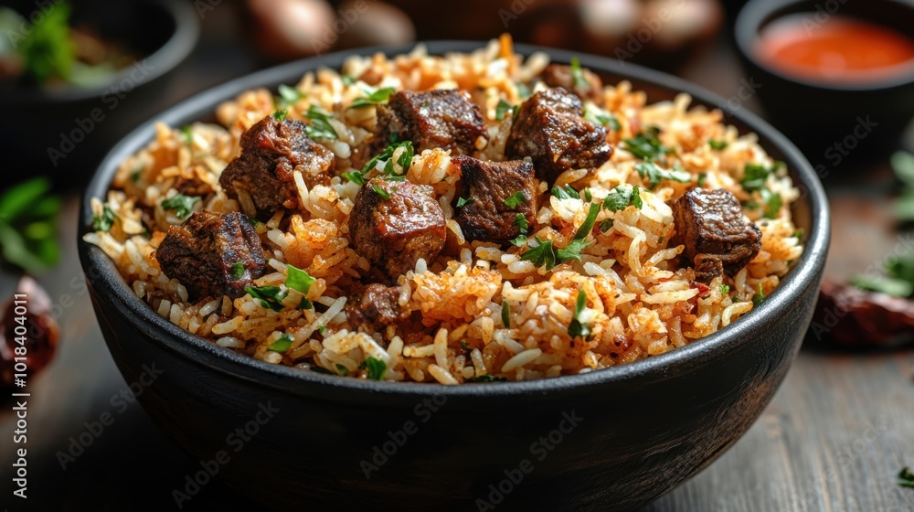 Aromatic Rice Dish with Tender Meat and Fresh Herbs in a Rustic Bowl Aromatic Rice Dish with Tender Meat and Fresh Herbs in a Rustic Bowl