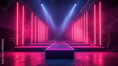 Neon-lit runway in dark room with vibrant pink and blue lights.