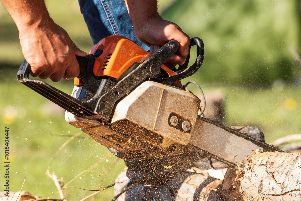 Close up of chain saw cutting logs with sawdust flying outdoors. Close up of chain saw cutting logs with sawdust flying outdoors.