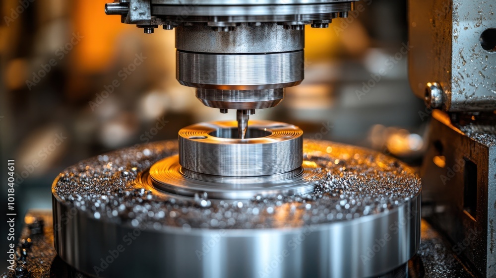 Precision Metalworking Machine Close-up of Drill Bit Engaging with Metal, Sparking Tiny Metal Particles Precision Metalworking Machine Close-up of Drill Bit Engaging with Metal, Sparking Tiny Metal Particles
