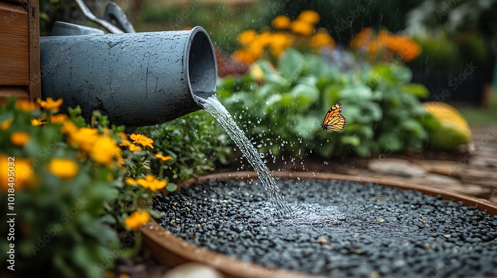 Colorful Vegetable Garden with Watering Can and Butterfly Colorful Vegetable Garden with Watering Can and Butterfly
