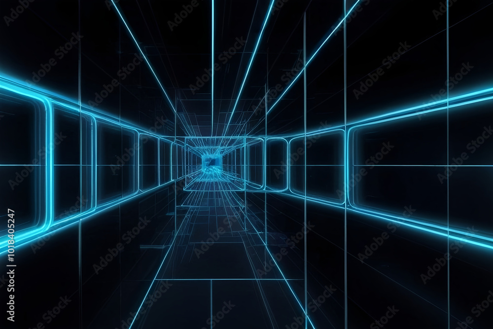 3D rendering of a futuristic, dark hallway. It is lit by bright blue neon lights that outline the walls and floor, creating a grid-like pattern. The lines converge in the distance, giving the illusio 3D rendering of a futuristic, dark hallway. It is lit by bright blue neon lights that outline the walls and floor, creating a grid-like pattern. The lines converge in the distance, giving the illusio