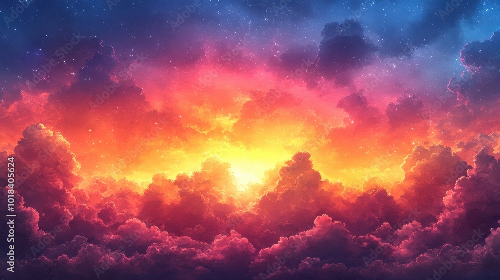 A celestial canvas of vibrant hues with a sunrise over a sea of clouds, the sky ablaze with stars and soft light, a magical dreamlike scene A celestial canvas of vibrant hues with a sunrise over a sea of clouds, the sky ablaze with stars and soft light, a magical dreamlike scene
