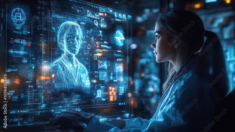 A woman in a white lab coat working on a computer with a digital interface showing a 3D model of a human face. A woman in a white lab coat working on a computer with a digital interface showing a 3D model of a human face.