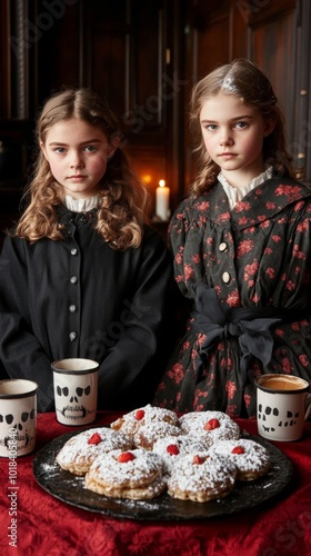 Family gathered for a haunted house-themed breakfast with ghost pancakes skeleton mugs photo