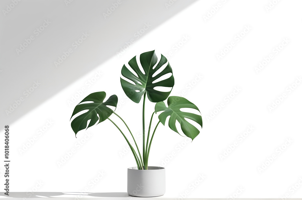 potted monstera plant with three large, green leaves. The plant is in a white pot and is sitting on a white surface. The background is a white wall with a shadow cast by the plant. The image is simpl potted monstera plant with three large, green leaves. The plant is in a white pot and is sitting on a white surface. The background is a white wall with a shadow cast by the plant. The image is simpl