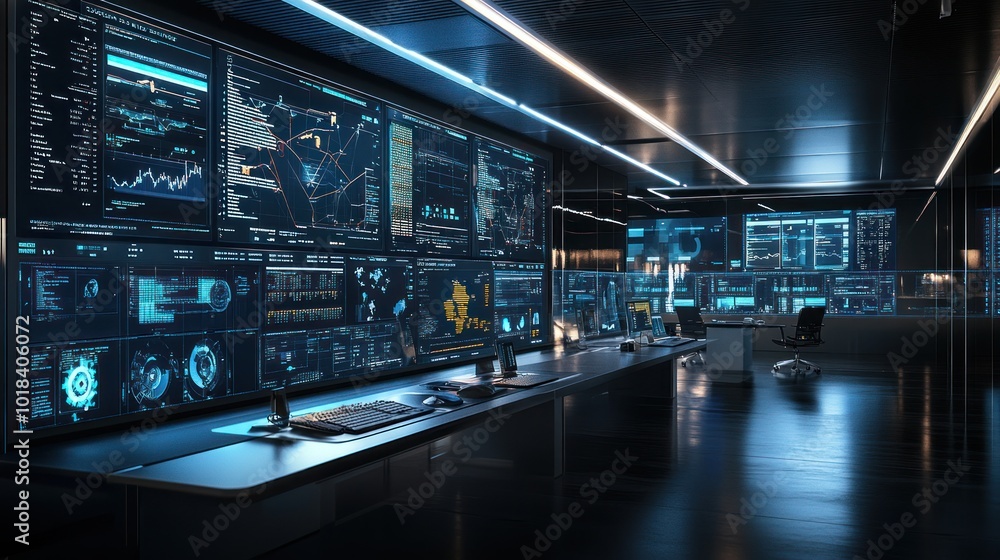 Fototapeta premium A futuristic control room with multiple monitors displaying data and information.
