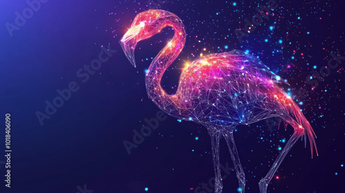 A cool summer beach party poster featuring a glowing, geometric flamingo.The design has a dark blue and purple background with sparkling lights, stars, and text. It's a futuristic,low poly wireframe.