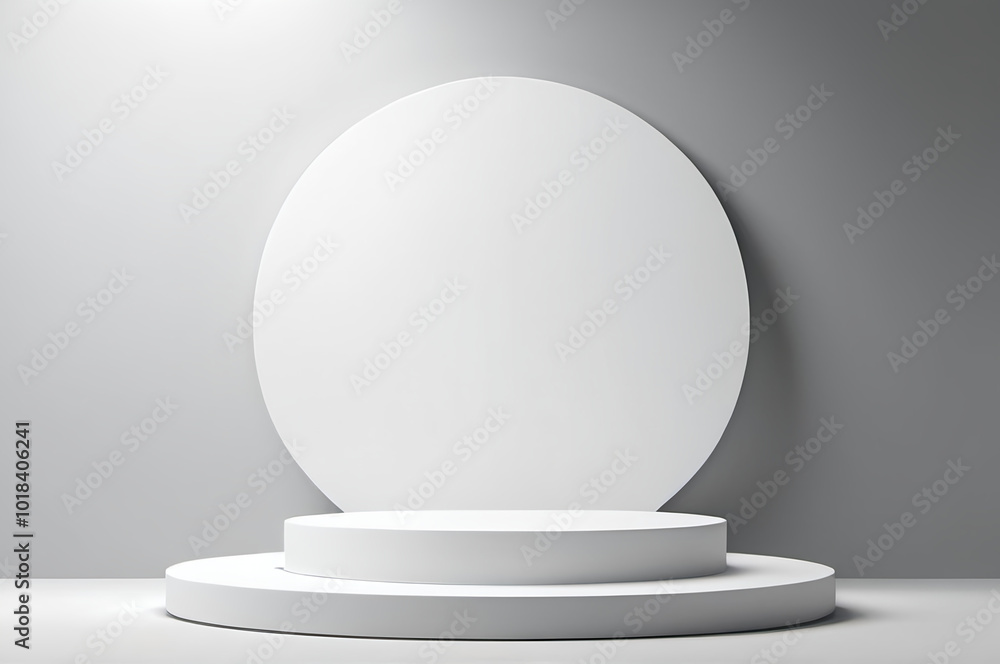 simple, clean, and minimalist design. It features a white circular platform with a smaller, circular platform on top of it. The platforms are positioned in front of a white, semi-circular wall agains simple, clean, and minimalist design. It features a white circular platform with a smaller, circular platform on top of it. The platforms are positioned in front of a white, semi-circular wall agains