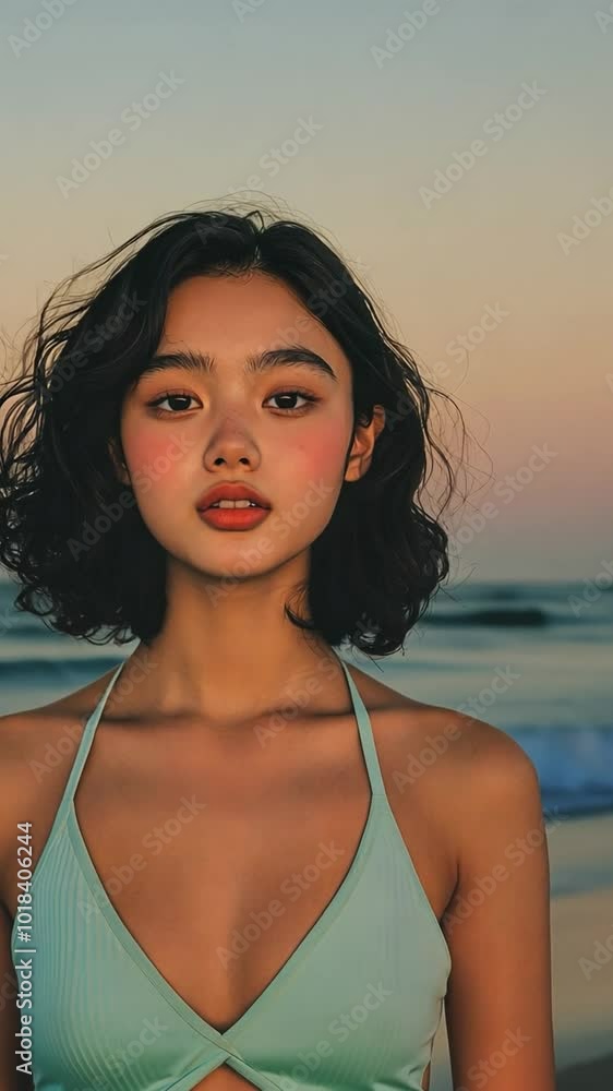 夕暮れのビーチでのモデル撮影、自然な正面からのショット 夕暮れのビーチでのモデル撮影、自然な正面からのショット