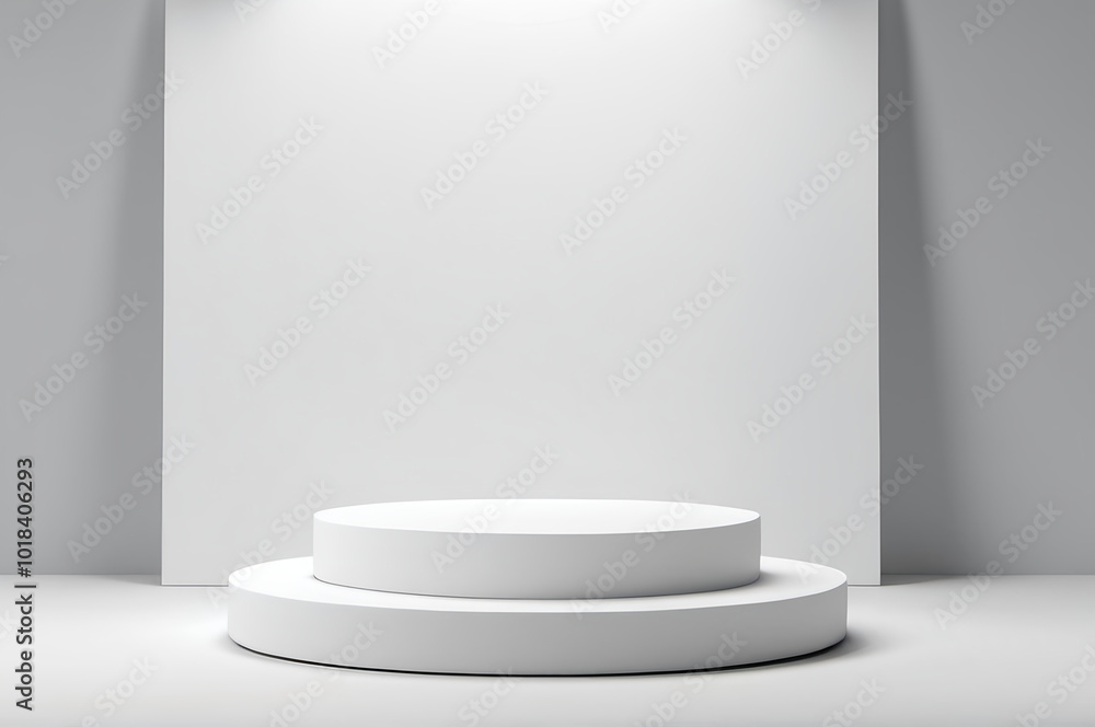 simple, minimalist scene with a white, two-tiered podium in the center of a white room. The podium is circular and sits on a white floor. Behind the podium is a large, blank white wall. The lighting simple, minimalist scene with a white, two-tiered podium in the center of a white room. The podium is circular and sits on a white floor. Behind the podium is a large, blank white wall. The lighting