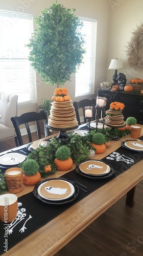 Family gathered for a haunted house-themed breakfast with ghost pancakes skeleton mugs photo