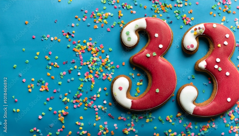 Decorated cookie, number 33, image for birthday or anniversary celebration Decorated cookie, number 33, image for birthday or anniversary celebration