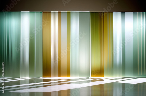  close-up of a wall made up of many vertical frosted glass panels. The panels are all different shades of blue and green, and they are all lined with thin horizontal stripes. The wall is lit from behi photo