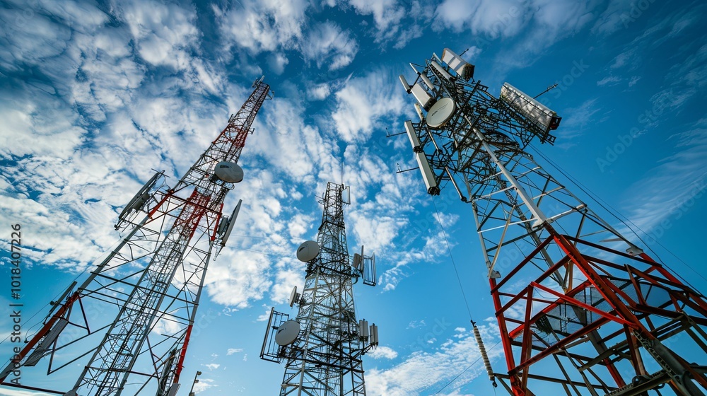 Three Communication Towers Against a Blue Sky with White Clouds Three Communication Towers Against a Blue Sky with White Clouds