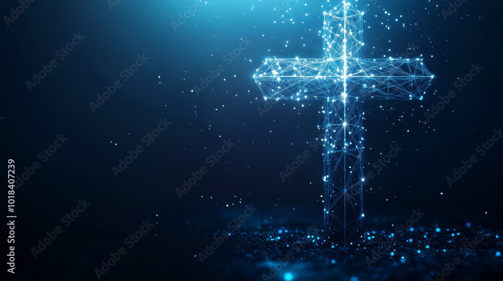 A shining, modern-looking cross made of lines, stars, and dots stands out against a dark blue background. This futuristic design represents Christianity.low poly wireframe. A shining, modern-looking cross made of lines, stars, and dots stands out against a dark blue background. This futuristic design represents Christianity.low poly wireframe.