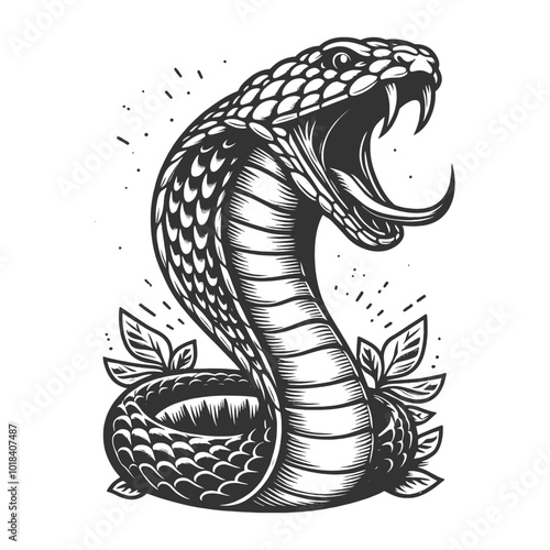 cobra snake in a menacing striking pose, rendered with fine engraving detail sketch engraving generative ai vector illustration. Scratch board imitation. Black and white image.