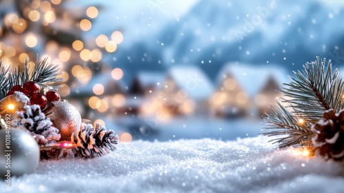 A serene winter scene featuring snow-covered ground, pine branches, and festive decorations, with blurred lights and mountains in the background.