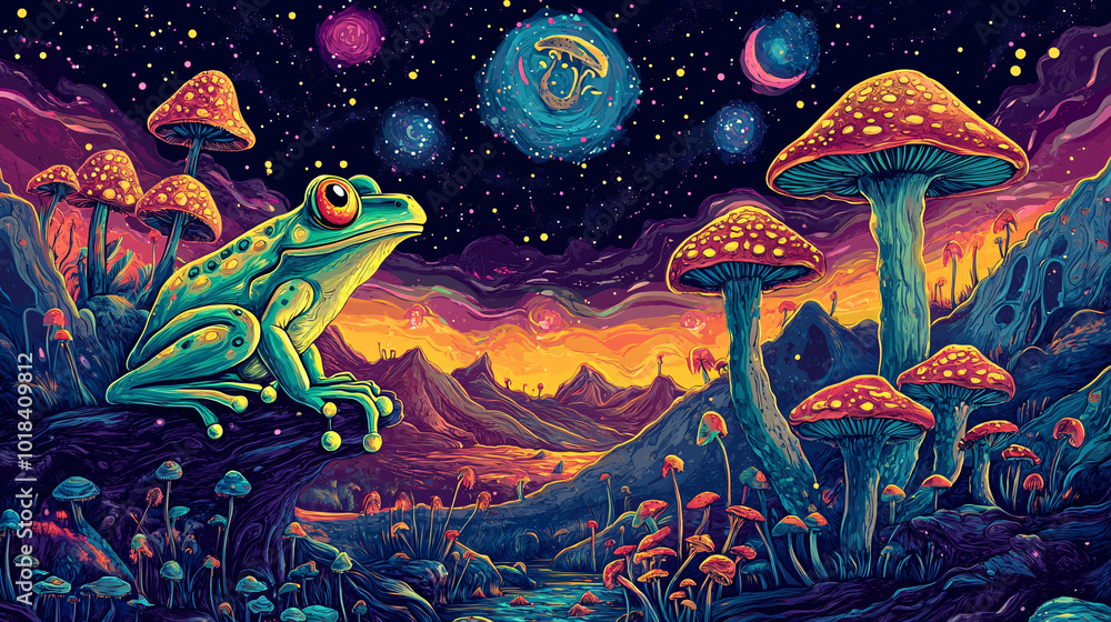 Psychedelic vector design of happy frogs and mushrooms in a celestial scene, great for a trippy background Psychedelic vector design of happy frogs and mushrooms in a celestial scene, great for a trippy background