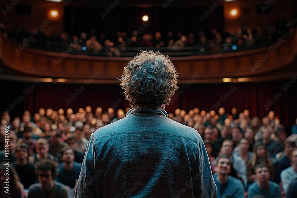 Fototapeta premium A man standing in front of an audience in an auditorium