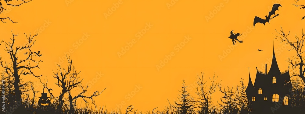 Halloween background with black silhouette of a witch flying on a broom, a haunted house, and pumpkins over an orange sky Halloween background with black silhouette of a witch flying on a broom, a haunted house, and pumpkins over an orange sky
