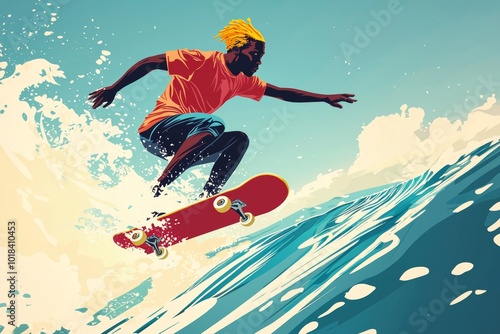 A young skater rides a vibrant wave under a clear blue sky at the beach during a sunny afternoon