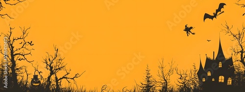 Halloween background with black silhouette of a witch flying on a broom, a haunted house, and pumpkins over an orange sky