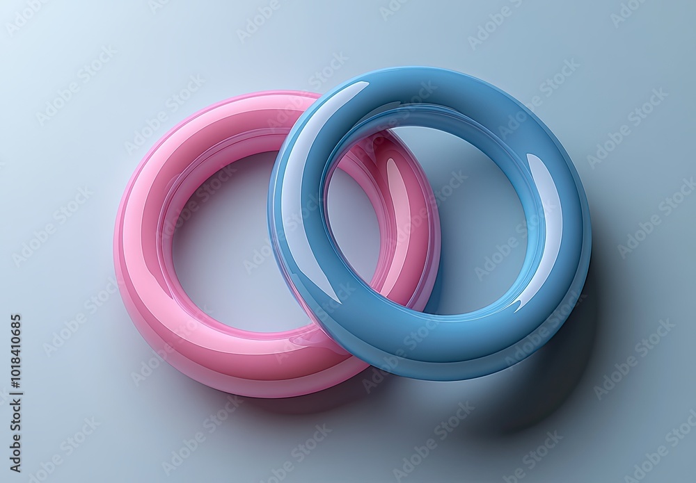 Two interlocking pastel pink and blue green rings symbolize unity and balance, set against a minimalist backdrop. Ideal for branding and conceptual marketing related to relationships. Two interlocking pastel pink and blue green rings symbolize unity and balance, set against a minimalist backdrop. Ideal for branding and conceptual marketing related to relationships.
