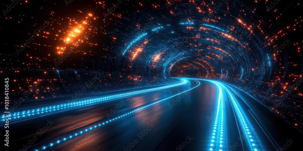 A futuristic highway with glowing blue lines runs through a digital tunnel illuminated by a scattering of orange and blue particles. A futuristic highway with glowing blue lines runs through a digital tunnel illuminated by a scattering of orange and blue particles.