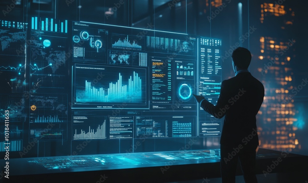 Man in suit analyzes data on large screen. Man in suit analyzes data on large screen.