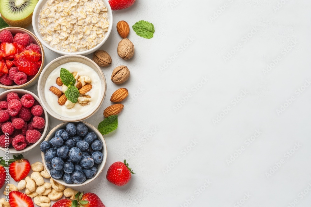 A healthy breakfast flat lay with oatmeal, fresh fruit, and nuts on a white table A healthy breakfast flat lay with oatmeal, fresh fruit, and nuts on a white table