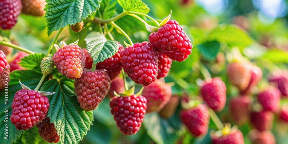 Organic red loganberries on shrub Organic red loganberries on shrub