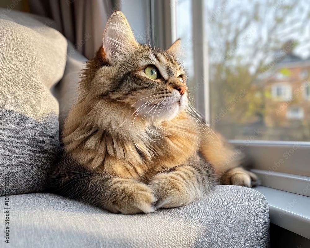 A young Siberian cat with green eyes, basking in the warm natural sunlight of its home. A young Siberian cat with green eyes, basking in the warm natural sunlight of its home.