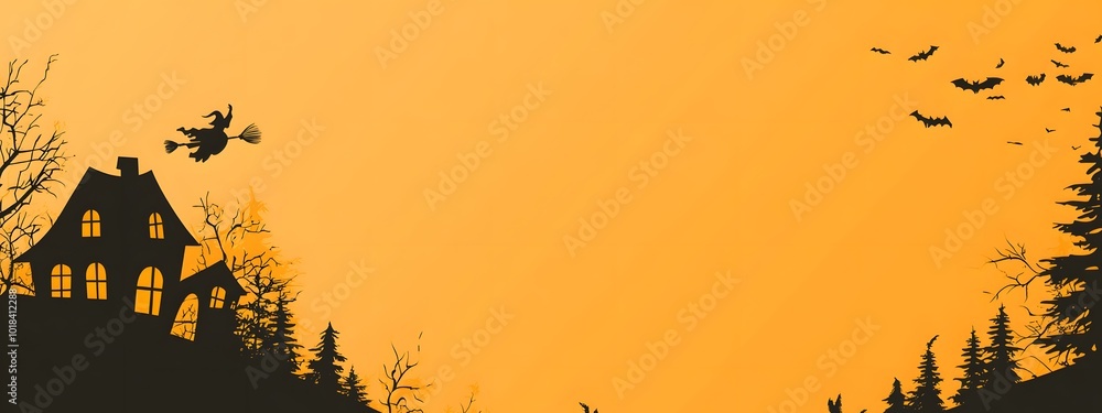Halloween background with black silhouette of a witch flying on a broom, a haunted house, and pumpkins over an orange sky Halloween background with black silhouette of a witch flying on a broom, a haunted house, and pumpkins over an orange sky