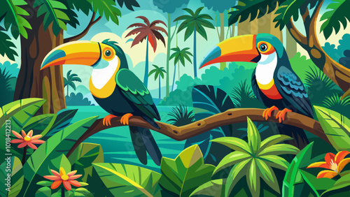 Two toucan tropical bird sitting on a tree branch in natural wildlife environment in rainforest jungle.