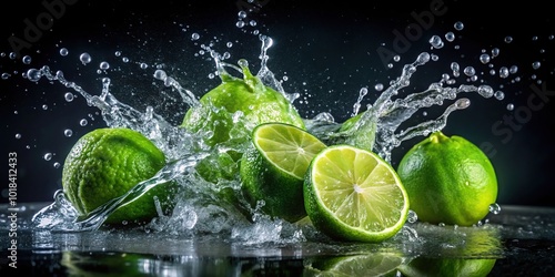 Fresh green limes splashing into water on dark background