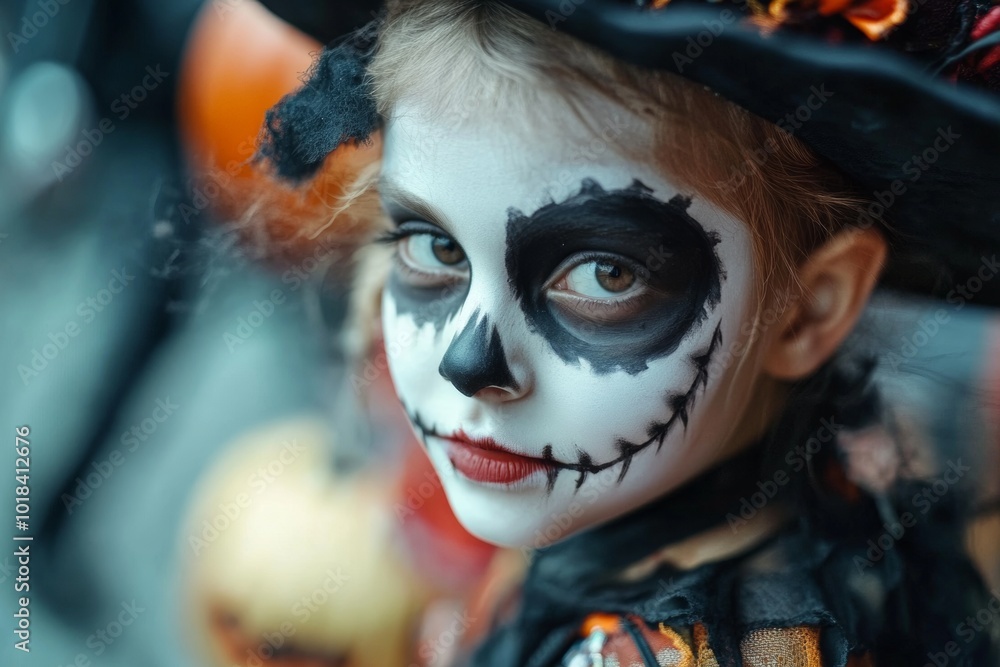 Girl Dressed-up For Halloween Trick Or Treat Night, Closeup, Dark Calavera Costume, Face Painting Girl Dressed-up For Halloween Trick Or Treat Night, Closeup, Dark Calavera Costume, Face Painting