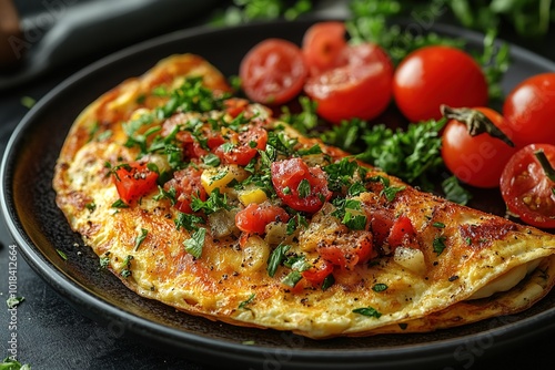 Fresh homemade omelette with mushrooms, feta cheese and herbs. A healthy protein breakfast with mushrooms and spinach