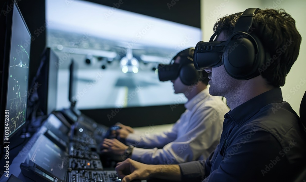 Two men wearing VR headsets in a cockpit. Two men wearing VR headsets in a cockpit.