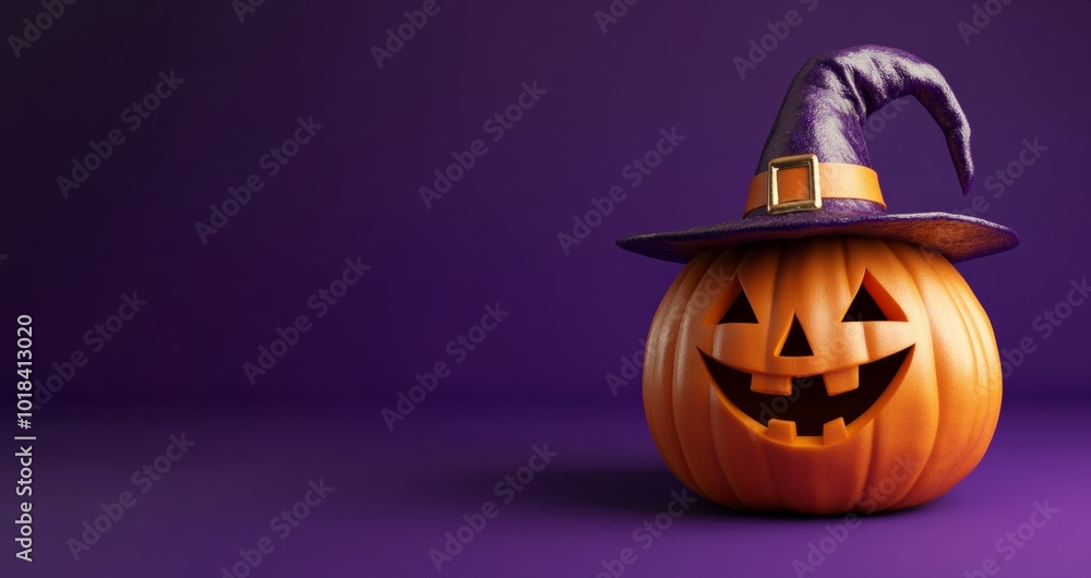 Jack-O-Lantern Wearing a Witch's Hat, Isolated On a Dark Purple Background, Halloween Wallpaper With Copy Space Jack-O-Lantern Wearing a Witch's Hat, Isolated On a Dark Purple Background, Halloween Wallpaper With Copy Space