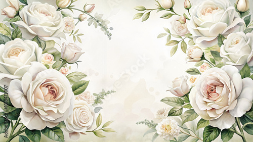 Vintage floral frame with soft white roses and greenery