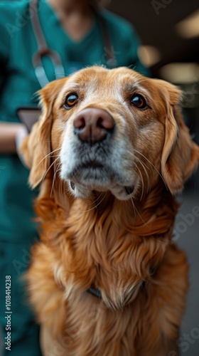 Dog being examined by vet in green uniform while holding head and taking notes in logbook at veterinary hospital. Close-up of white labrador with brown ears. photo