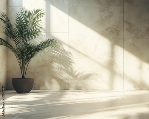 Minimalist wall texture with palm shadow, soft lighting creating a luxury interior aesthetic.