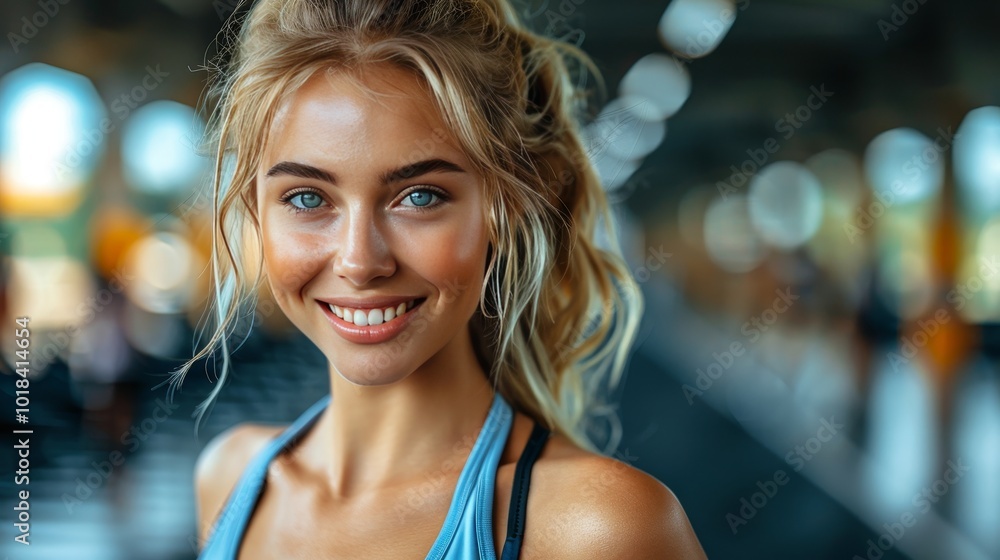 Portrait of a young and pretty caucasian fitness woman with blond hair smiling outdoors. Portrait of a young and pretty caucasian fitness woman with blond hair smiling outdoors.