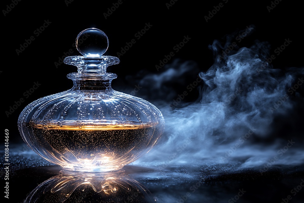 An elegant glass perfume bottle with smoke An elegant glass perfume bottle with smoke