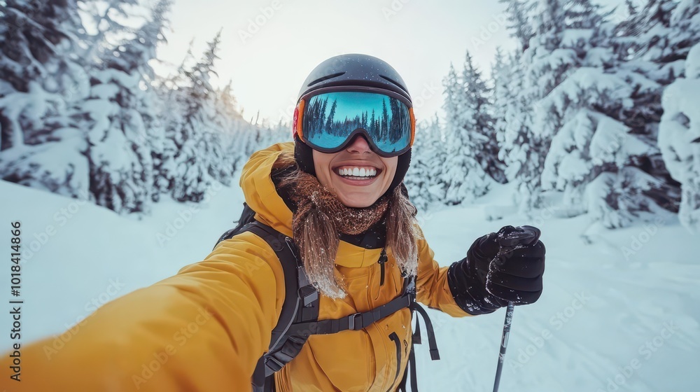 Happy skier taking a selfie on the snowy mountains, fun and adventure vibes in the winter forest Happy skier taking a selfie on the snowy mountains, fun and adventure vibes in the winter forest