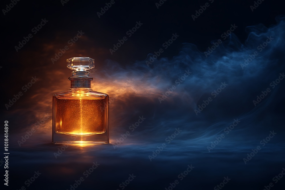 A glowing amber perfume bottle on a dark background with smoke A glowing amber perfume bottle on a dark background with smoke